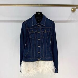 🚩steal authentic Burberry Dark Blue Denim Jacket with White Feather Hem